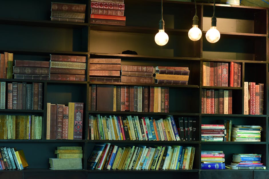 A vintage-style bookshelf filled with classic and colorful books under warm lighting.