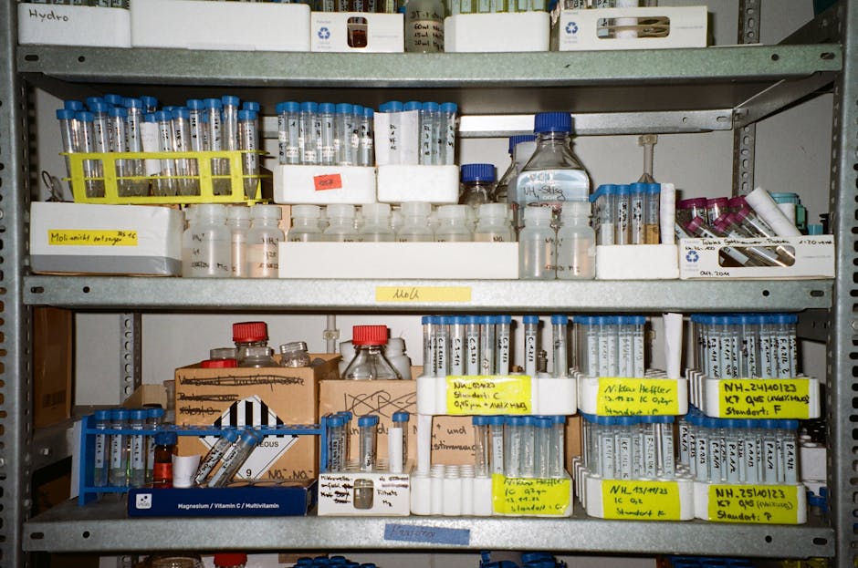Neatly arranged laboratory shelves filled with test tubes, vials, and bottles used for scientific experiments.