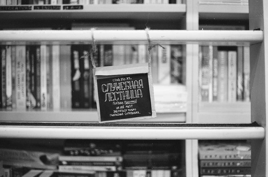A black and white photo of a library ladder with a sign in Russian reading 'Service Ladder'.